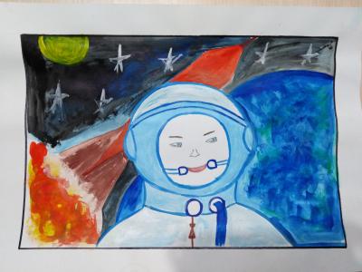Картина. Автор: Снегов Арсений. Техника: акварель. Класс: 2 Покоритель Космоса