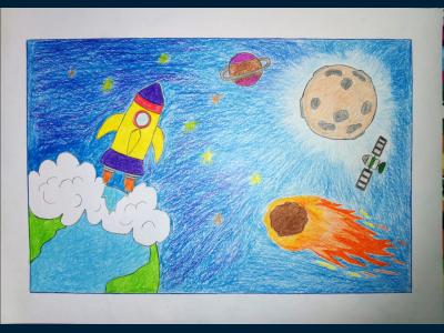 Картина. Автор: Юлдашев Нурзиль. Техника: карандаш. Класс: 2 Мой космический мир