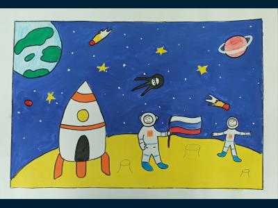 Картина. Автор: Авхадиев Тимур Ильдусович. Техника: гуашь. Класс: 2 Полет в космос