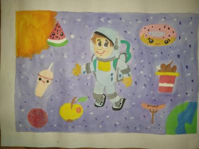 Картина. Автор: Калдаманова Алтынай. Техника: акварель. Класс: 2 Пир в космосе