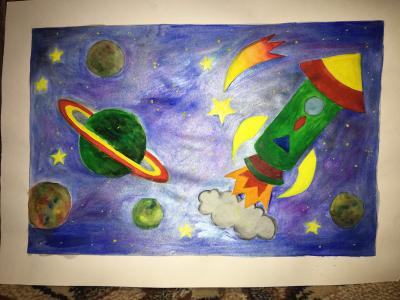 Картина. Автор: Цыркаева Виктория. Техника: акварель. Класс: 2 Космические приключения