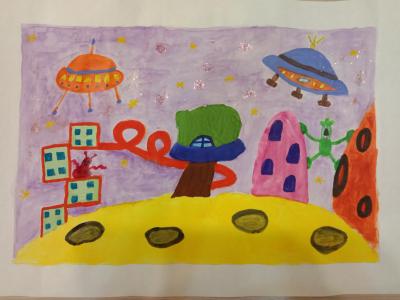 Картина. Автор: Катюхин Давид. Техника: смешанная техника. Класс: 2 Космический город