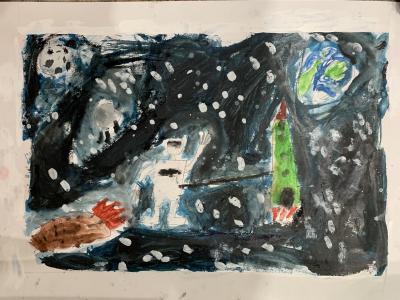 Картина. Автор: Биккулов Давид Фанурович. Техника: акварель. Класс: 2 Космическое приключение