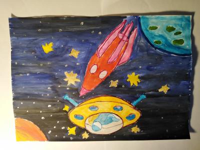 Картина. Автор: Носова Ксения. Техника: гуашь. Класс: 2 "Космические путешествия"