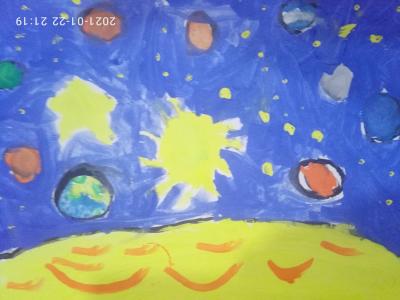 Картина. Автор: Евтушенко Арина. Техника: акварель. Класс: 2 Космос