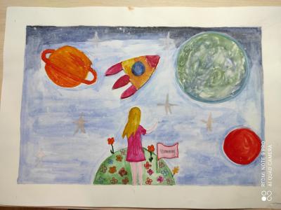Картина. Автор: Хакимова Эвелина. Техника: смешанная техника. Класс: 2 Я и мой космос