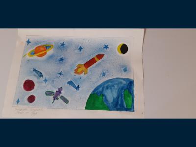 Картина. Автор: Закирова Дарина. Техника: акварель. Класс: 2 Полет на Луну