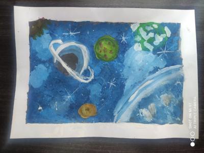 Картина. Автор: Сарварова Сафия. Техника: акварель. Класс: 2 Путешествие во вселенной