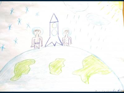 Картина. Автор: Саляхова Айгуль. Техника: акварель. Класс: 2 Космические путешественники
