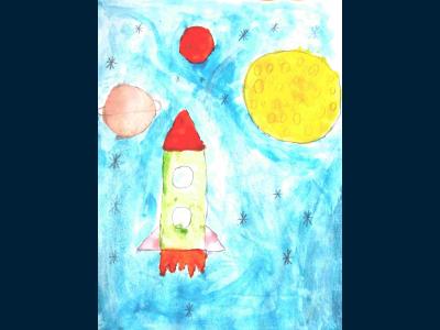 Картина. Автор: Калимуллин Забир. Техника: акварель. Класс: 2 Освоение космоса