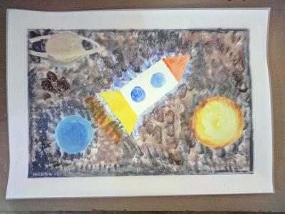 Картина. Автор: Исламова Лира. Техника: гуашь. Класс: 2 Ракета в космосе