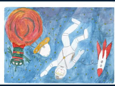 Картина. Автор: Ситдиков Радмир. Техника: акварель. Класс: 2 Человек в космосе