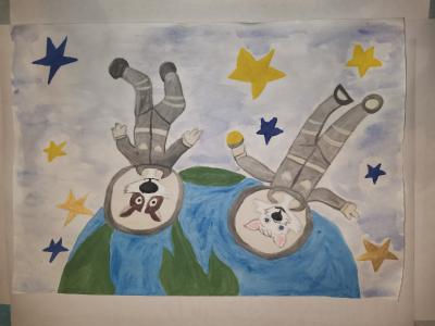 Картина. Автор: Хамадиев Рамазан. Техника: акварель. Класс: 2 животные на орбите