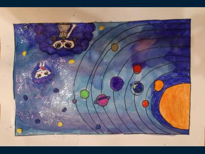 Картина. Автор: Фархутдинова Элина. Техника: смешанная техника. Класс: 2 Космос и Космик