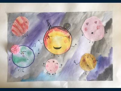 Картина. Автор: Чуркина Александра. Техника: смешанная техника. Класс: 2 Хоровод планет