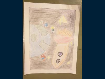 Картина. Автор: Шамсутдинов Султан. Техника: карандаш. Класс: 2 Земля в иллюминаторе