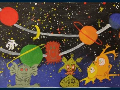 Картина. Автор: Идрисова Мария. Техника: акварель. Класс: 2 Животные на Орбите