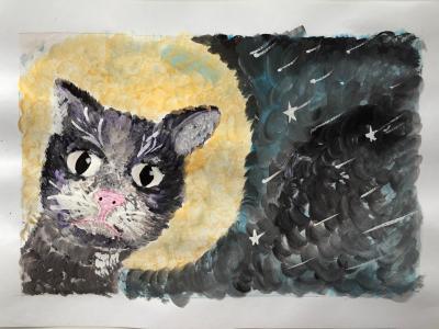 Картина. Автор: Уразгулова Ясмина Руслановна. Техника: гуашь. Класс: 2 Первая кошка, побывавшая в космическом пространств