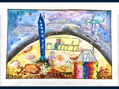 Картина. Автор: Лебедева Елизавета. Техника: смешанная техника. Класс: 2 Пушистики в гостях на другой планете