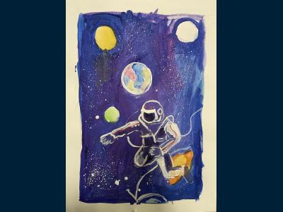 Картина. Автор: Преснякова Арина. Техника: гуашь. Класс: 2 Человек в открытом космосе. Космонавт Алексей Леон