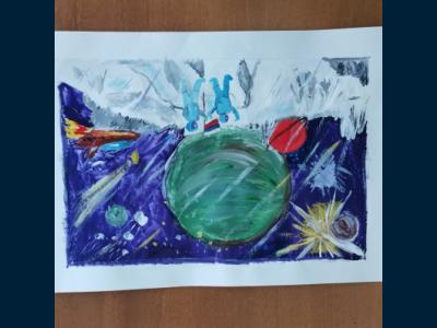 Картина. Автор: Юсупов Амир. Техника: гуашь. Класс: 2 Освоение космоса Россией