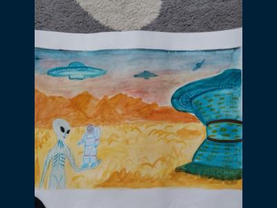 Картина. Автор: Суфиятов Тимур. Техника: смешанная техника. Класс: 2 Встреча с дружелюбным пришельцем