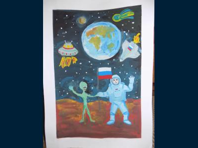 Картина. Автор: Земскова Анна. Техника: гуашь. Класс: 2 Встреча на Марсе