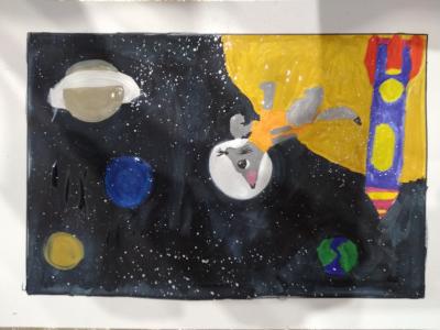 Картина. Автор: Нигамаева Камила. Техника: акварель. Класс: 2 Животные в орбите