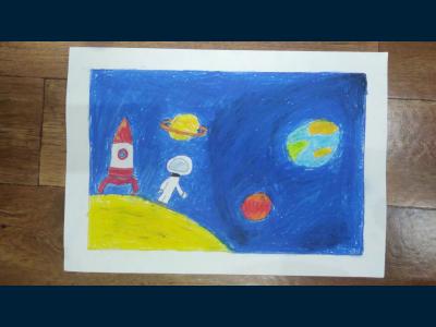 Картина. Автор: Гареева Алина. Техника: смешанная техника. Класс: 3 Космонавт на луне