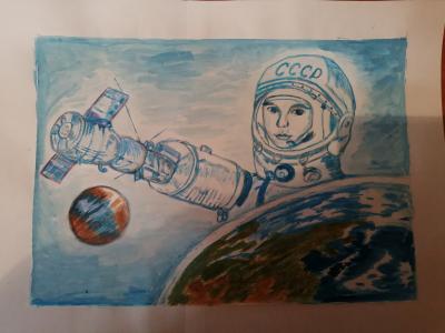 Картина. Автор: Медведев Давид. Техника: гуашь. Класс: 3 Я  рисую   и  посвященный к60-летию  первого полет