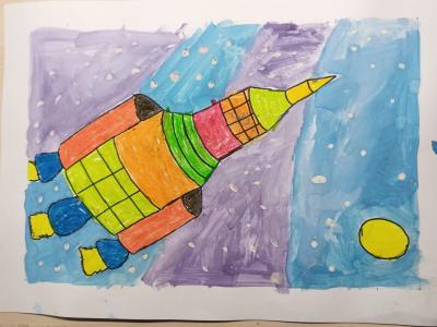 Картина. Автор: Полтарабатько Станислав. Техника: смешанная техника. Класс: 3 Мой космический корабль