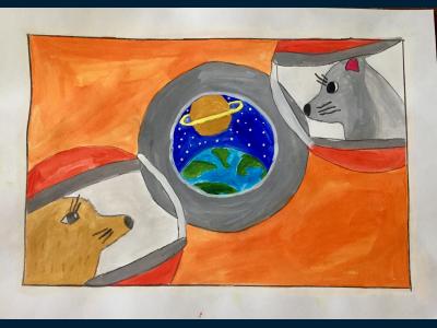 Картина. Автор: Кобзева Ксения. Техника: гуашь. Класс: 3 Животные на орбите