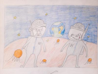 Картина. Автор: Шамсутдинов Тимур. Техника: карандаш. Класс: 3 Космическая встреча