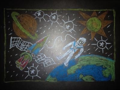 Картина. Автор: Зияннурова Азалия. Техника: пастель. Класс: 3 Первый полет