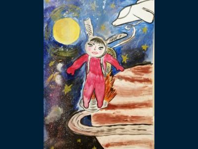 Картина. Автор: Бердигулова София. Техника: акварель. Класс: 3 Я летаю над планетой