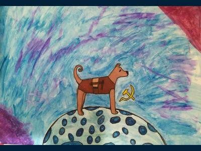 Картина. Автор: Давлетова Ассель. Техника: акварель. Класс: 3 Животные на орбите