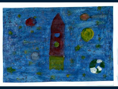 Картина. Автор: Каримова Зара Фидаритовна. Техника: акварель. Класс: 3 Космическая техника