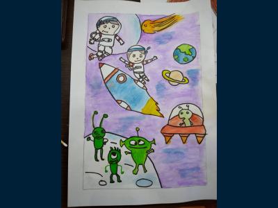 Картина. Автор: Федянина Софья. Техника: смешанная техника. Класс: 3 Космос