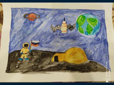 Картина. Автор: Бадретдинов Нияз. Техника: акварель. Класс: 3 Освоение космоса Россией