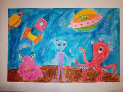 Картина. Автор: Хаматгареева Ралина. Техника: акварель. Класс: 3 Космические гости