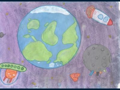 Картина. Автор: Хакимов Амин. Техника: смешанная техника. Класс: 3 Земля и Луна