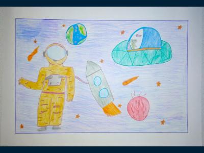 Картина. Автор: Шиманова Софья. Техника: карандаш. Класс: 3 "Я в загадочном космосе"