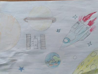 Картина. Автор: Минигулов Ильнар. Техника: восковые мелки. Класс: 3 Я летаю над планетой