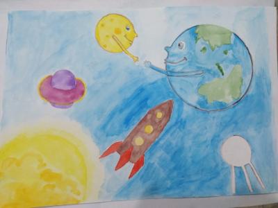 Картина. Автор: Ахуньянов Давлат. Техника: акварель. Класс: 3 Космические гости