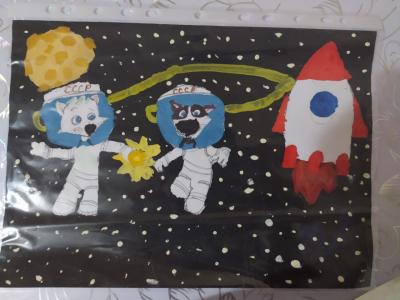 Картина. Автор: Илалова Амина. Техника: акварель. Класс: 3 животные на орбите