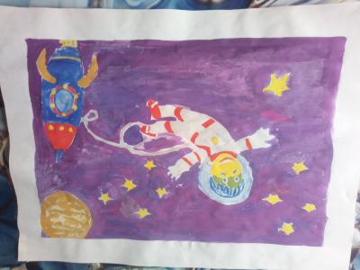 Картина. Автор: Шамсутдинова Виктория. Техника: акварель. Класс: 3 Космический герой