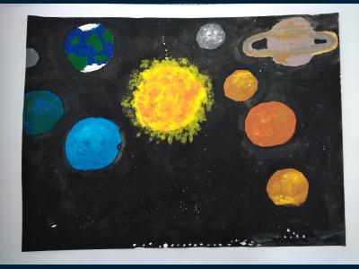 Картина. Автор: Суфияров Тимур Булатович. Техника: гуашь. Класс: 3 Космические соседи.