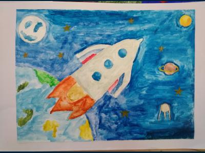 Картина. Автор: Сираев Раян Рамилович. Техника: смешанная техника. Класс: 3 Освоение космоса.
