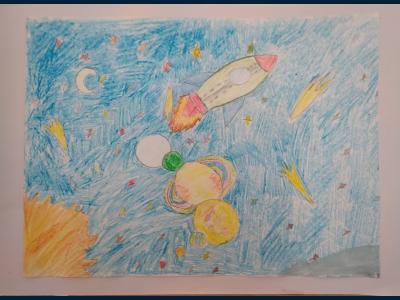 Картина. Автор: Шарипова Айзада Ильфатовна. Техника: восковые мелки. Класс: 3 Вперёд к звёздам!