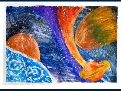 Картина. Автор: Хуснутдинова Алия Азаматовна. Техника: смешанная техника. Класс: 3 Космические дали